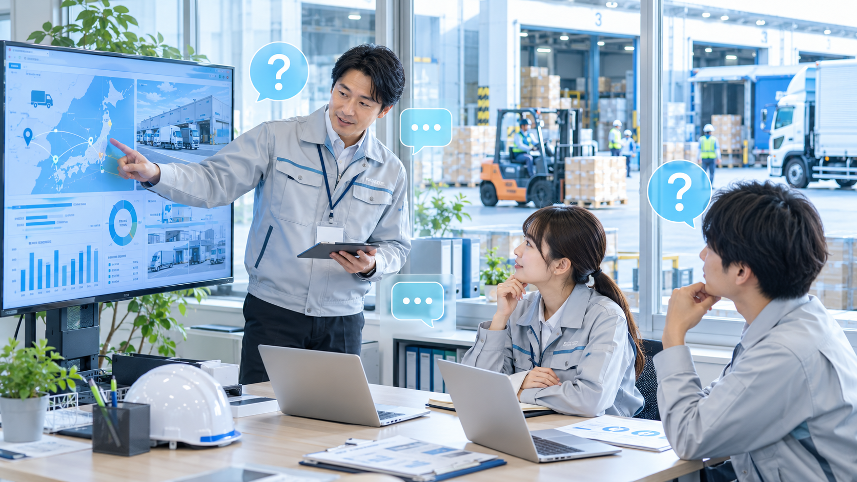 物流データを見ながら疑問点を話し合う担当者