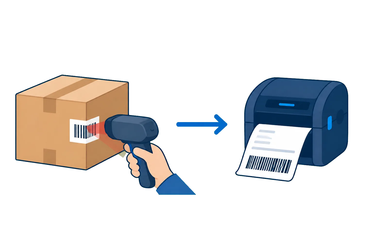 荷物のバーコードを読み取って対応する送り状を印刷するイメージ